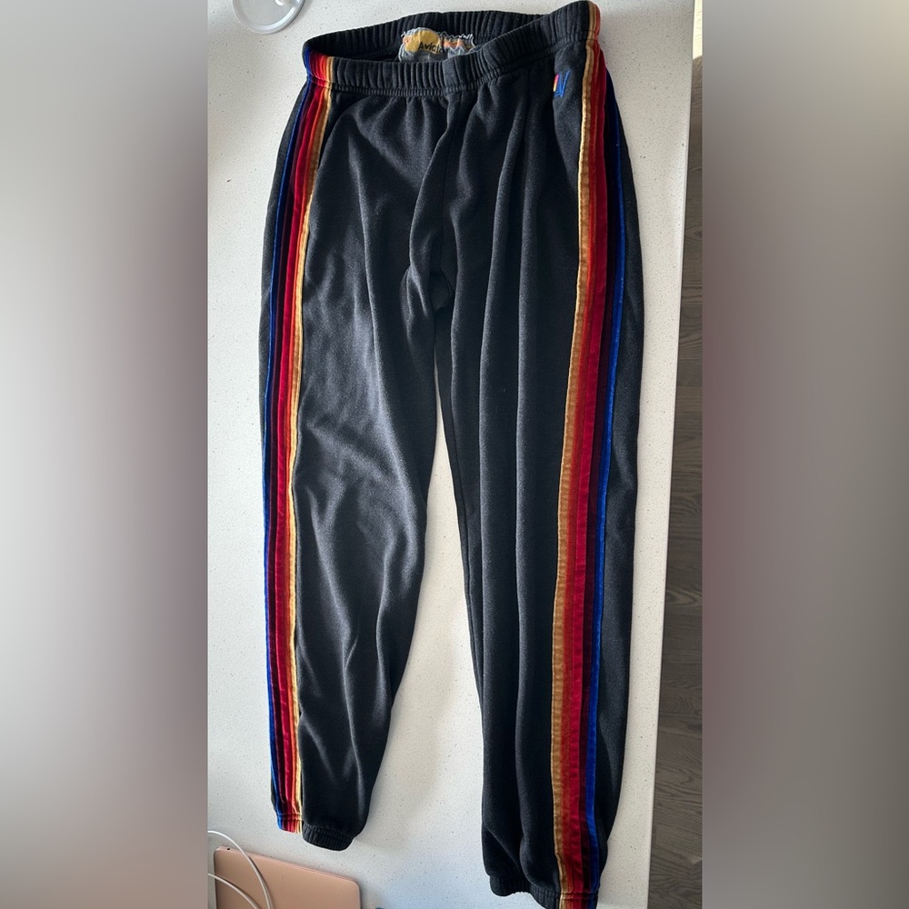 Aviator Nation 5 STRIPE SWEATPANTS - women’s L - CHARCOAL.